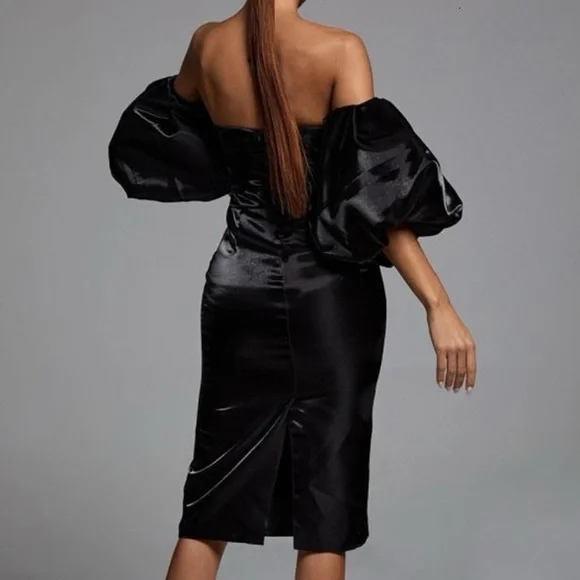 Beulah Style Black Off Shoulder Satin Midi Dress Puff Sleeves - Picture 2 of 16
